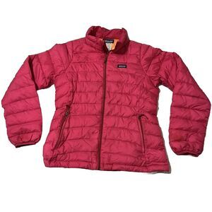 Patagonia Jacket Girls‎ Large Pink Duck Down Puffer Full Zip Up Coat Kids Flaws